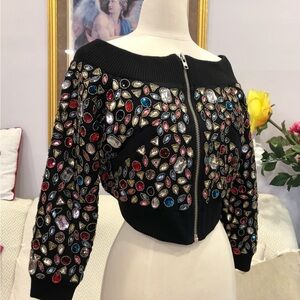 NBD jeweled multi color cotton beaded quilted off the shoulder bolero beautiful